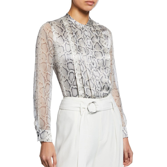 Elie Tahari Silk Terri Snake Print Pleated Button Up Shirt Gray M - Picture 1 of 11